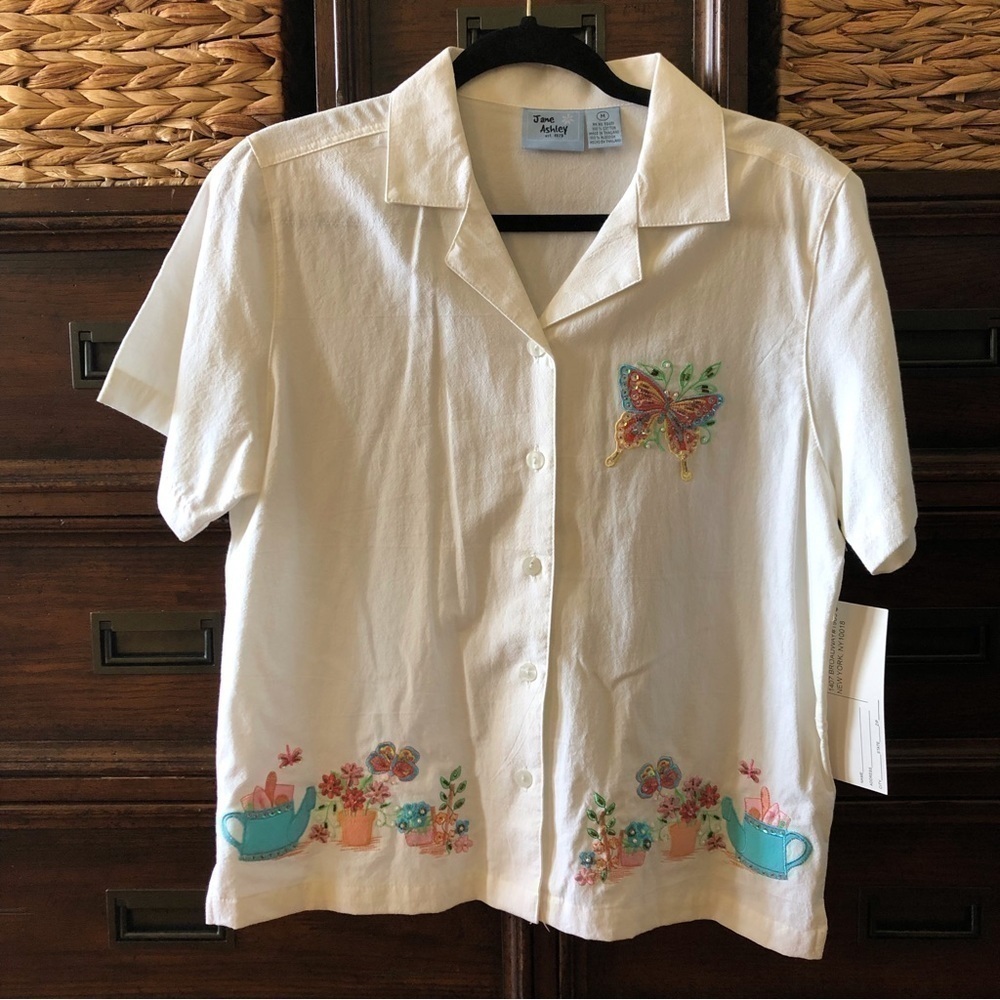 Vintage Jane Ashley white spring embroided short sleeve button down shirt size M